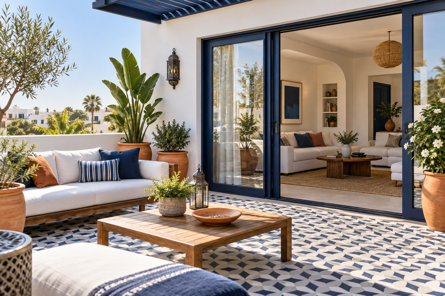Terrasse soignée ouvrant sur un intérieur lumineux, illustration d’un cadre de vie agréable